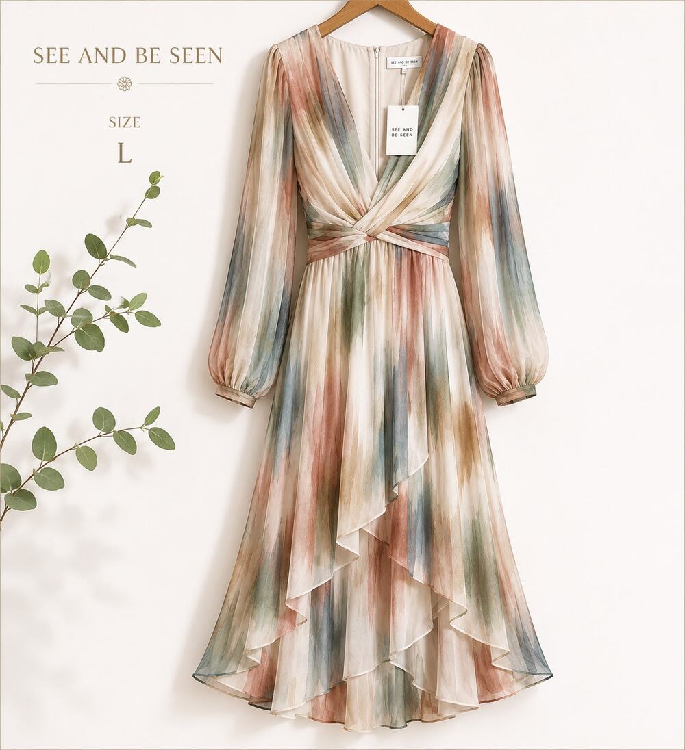 See and Be Seen Watercolor Maxi Midi Dress Flowy Long Sleeve NWT Large